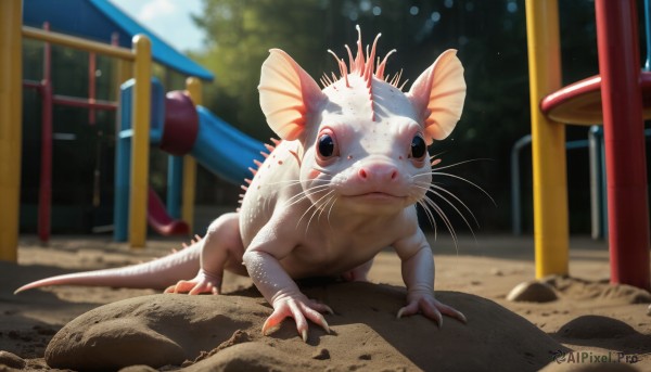 HQ,solo,looking at viewer,blue eyes,closed mouth,tail,full body,outdoors,sky,day,blurry,black eyes,tree,pokemon (creature),no humans,depth of field,blurry background,shadow,animal,cat,claws,realistic,animal focus,whiskers,standing,rock,mouse