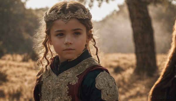 1girl,solo,long hair,looking at viewer,brown hair,brown eyes,jewelry,closed mouth,upper body,outdoors,day,armor,blurry,tree,lips,grey eyes,depth of field,blurry background,tiara,portrait,nature,realistic,blue eyes,blonde hair,braid,sunlight,forest,backlighting