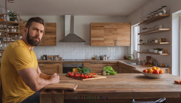 solo,looking at viewer,short hair,brown hair,shirt,black hair,1boy,sitting,short sleeves,male focus,food,pants,indoors,muscular,fruit,facial hair,table,muscular male,t-shirt,bara,beard,yellow shirt,mature male,realistic,mustache,basket,kitchen,tomato,vegetable,arm hair,counter,cutting board,onion,closed mouth,shorts,cup,window,chair,bottle,knife,frying pan,refrigerator,lettuce