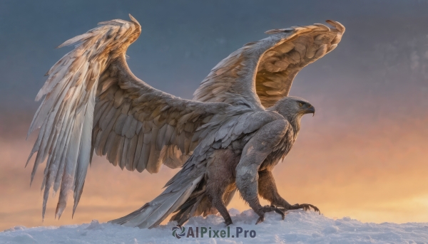 solo,open mouth,tail,yellow eyes,outdoors,wings,sky,cloud,from side,no humans,bird,animal,feathers,feathered wings,snow,flying,animal focus,gradient sky,talons,beak,spread wings,water,ocean,scenery,claws,monster,scales,kaijuu