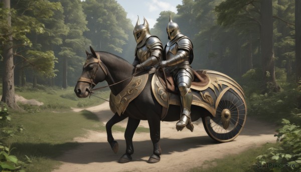 solo,1boy,male focus,boots,outdoors,sky,day,armor,tree,animal,sunlight,helmet,grass,plant,ground vehicle,shoulder armor,gauntlets,nature,scenery,motor vehicle,1other,forest,pauldrons,breastplate,road,armored boots,bush,riding,greaves,horse,knight,full armor,ambiguous gender,horseback riding,helm,plate armor,reins,saddle,holding,weapon,multiple boys,2boys,fantasy