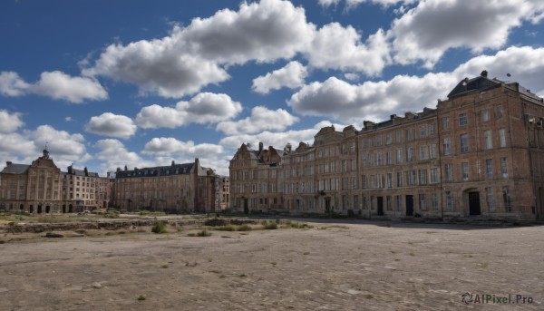 outdoors,sky,day,cloud,tree,blue sky,no humans,window,cloudy sky,grass,building,scenery,city,road,house,wall