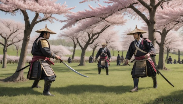 black hair,long sleeves,hat,holding,standing,weapon,male focus,outdoors,japanese clothes,multiple boys,sky,day,sword,holding weapon,armor,tree,holding sword,katana,helmet,grass,cherry blossoms,shoulder armor,sheath,6+boys,sheathed,fighting stance,japanese armor,scabbard,kote,samurai,jingasa,sandals,scenery,straw hat,field,sode,kusazuri