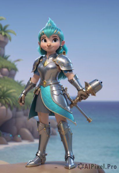 1girl,solo,long hair,looking at viewer,smile,skirt,gloves,holding,brown eyes,jewelry,closed mouth,blue hair,standing,full body,weapon,earrings,boots,outdoors,green hair,sky,day,belt,sword,artist name,dark skin,water,armor,blurry,black eyes,dark-skinned female,tree,blue sky,aqua hair,blurry background,ocean,watermark,beach,shoulder armor,gauntlets,sheath,brown gloves,freckles,pauldrons,pouch,sheathed,breastplate,rock,sand,palm tree,armored dress,armored boots,greaves,hammer,faulds,chainmail,hair ornament,hairclip,fingerless gloves,thick eyebrows,plant,nose,horizon,vambraces