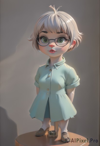 1girl,solo,breasts,looking at viewer,short hair,bangs,dress,jewelry,green eyes,standing,full body,short sleeves,grey hair,earrings,parted lips,shoes,glasses,socks,artist name,lips,makeup,buttons,blue dress,shadow,brown footwear,arms behind back,thick eyebrows,lipstick,white socks,child,freckles,black-framed eyewear,collared dress,red lips,female child,stud earrings,skirt,blue skirt,faux figurine