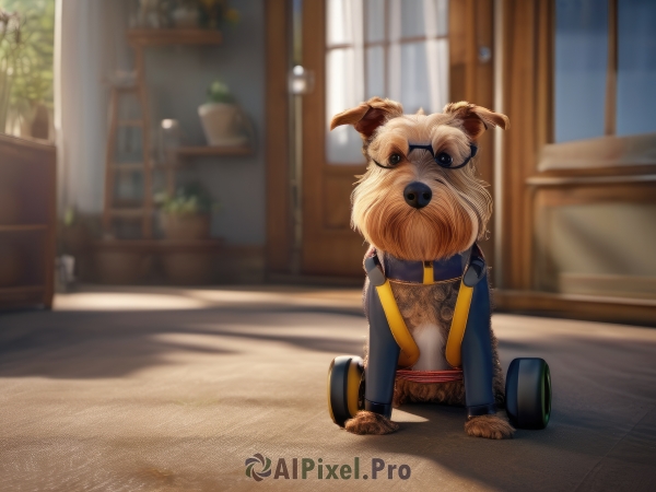 solo,1boy,sitting,male focus,horns,glasses,day,indoors,from behind,blurry,no humans,window,depth of field,blurry background,plant,furry,round eyewear,potted plant,looking at viewer,shadow,animal,dog,door,animal focus