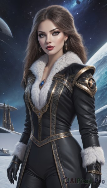 1girl,solo,long hair,breasts,looking at viewer,brown hair,gloves,long sleeves,brown eyes,jewelry,standing,cowboy shot,earrings,parted lips,sky,black gloves,pants,artist name,necklace,lips,coat,fur trim,makeup,night,black pants,lipstick,gem,star (sky),night sky,starry sky,gold trim,black coat,realistic,nose,arms at sides,red lips,space,planet,earth (planet),spacecraft,cleavage,medium breasts,jacket,crystal