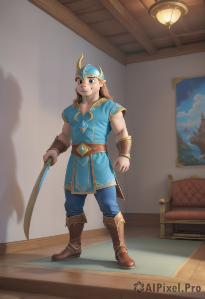 solo,long hair,looking at viewer,smile,blue eyes,blonde hair,brown hair,shirt,1boy,holding,closed mouth,standing,full body,weapon,short sleeves,male focus,boots,pointy ears,belt,pants,sword,artist name,indoors,holding weapon,shadow,brown footwear,holding sword,knee boots,helmet,blue shirt,wooden floor,blue pants,brown belt,lamp,painting (object),horns,solo focus,muscular,chair,fake horns,bracer,carpet,horned helmet