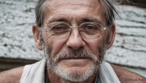 solo,looking at viewer,1boy,closed mouth,grey hair,male focus,glasses,indoors,blurry,black eyes,blurry background,facial hair,towel,portrait,beard,mature male,realistic,round eyewear,mustache,old,old man,wrinkled skin,short hair,shirt,white shirt,white hair,depth of field,expressionless,close-up,towel around neck