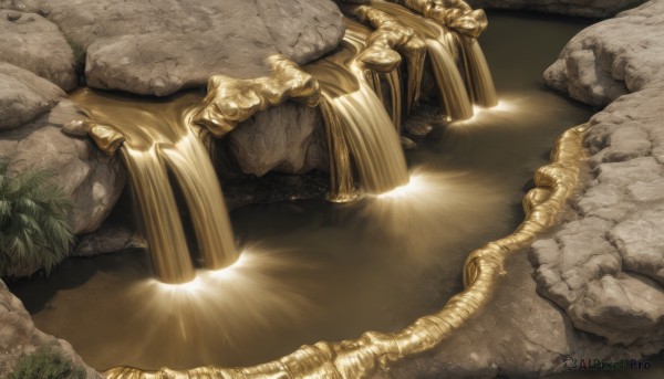 outdoors,no humans,glowing,sunlight,plant,scenery,light rays,rock,light,still life,cave,stone,water,leaf,partially submerged,reflection,ripples,gold