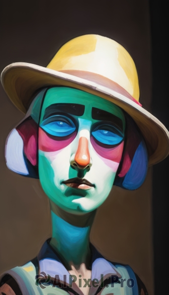 1girl,solo,looking at viewer,blue eyes,shirt,1boy,hat,blue hair,upper body,male focus,parted lips,lips,colored skin,portrait,brown background,blue skin,facepaint,alien,simple background,sunglasses,realistic,nose,tinted eyewear,fedora