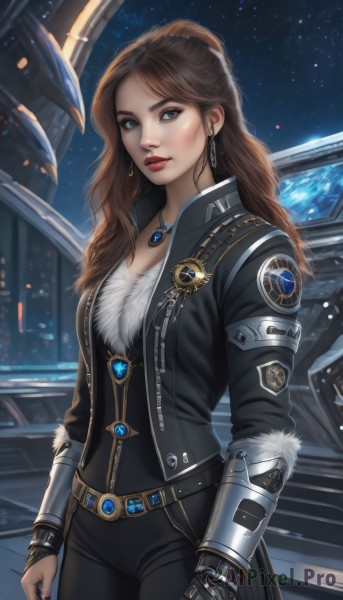 1girl,solo,long hair,breasts,looking at viewer,blue eyes,brown hair,gloves,cleavage,brown eyes,jewelry,medium breasts,jacket,cowboy shot,earrings,parted lips,sky,belt,pants,necklace,nail polish,lips,fur trim,bodysuit,makeup,night,black pants,lipstick,gauntlets,gem,star (sky),night sky,pendant,starry sky,science fiction,realistic,red lips,space,leather,shirt,standing,open clothes,open jacket,black jacket,wavy hair,black nails,zipper,nose,badge