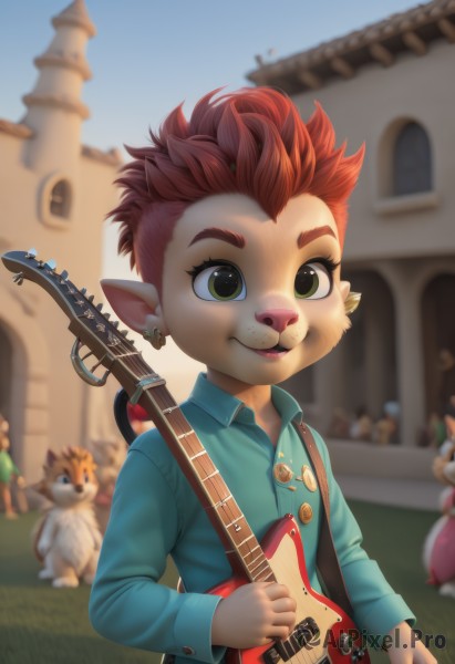 1girl,solo,looking at viewer,smile,short hair,shirt,long sleeves,1boy,holding,jewelry,green eyes,upper body,male focus,red hair,earrings,outdoors,solo focus,day,pointy ears,collared shirt,blurry,depth of field,blurry background,piercing,grass,blue shirt,building,instrument,ear piercing,child,furry,freckles,guitar,male child,badge,playing instrument,holding instrument,sky,artist name,blue sky