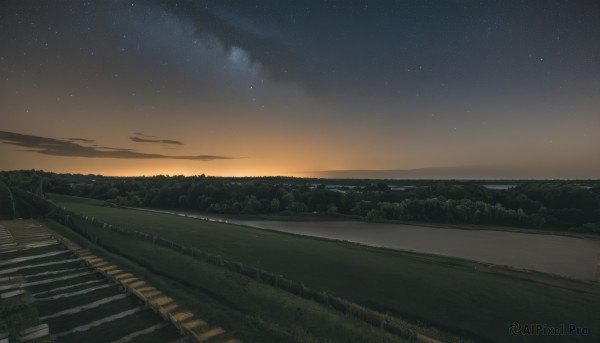 outdoors,sky,cloud,water,tree,no humans,night,grass,star (sky),nature,night sky,scenery,starry sky,reflection,sunset,horizon,road,river,landscape,hill,forest,field