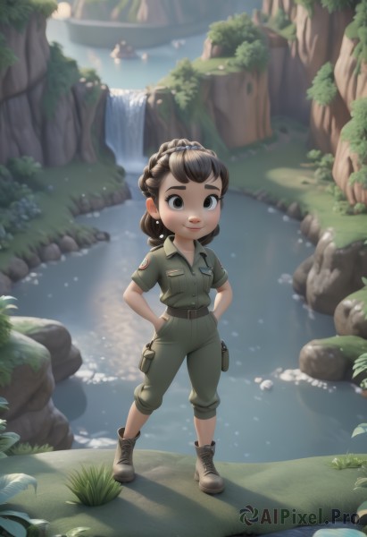 1girl,solo,looking at viewer,smile,open mouth,brown hair,shirt,hair ornament,brown eyes,standing,full body,ponytail,braid,short sleeves,boots,outdoors,parted lips,teeth,day,belt,pants,water,uniform,black eyes,military,military uniform,shadow,child,nature,pocket,hands on hips,pouch,rock,hands in pockets,green shirt,female child,breast pocket,river,green pants,waterfall,long hair,artist name,grass,pond,stream