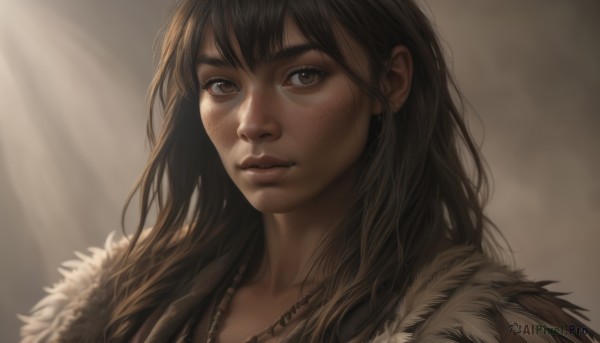 1girl,solo,long hair,looking at viewer,bangs,brown hair,brown eyes,jewelry,closed mouth,upper body,earrings,necklace,blurry,lips,fur trim,eyelashes,sunlight,portrait,freckles,realistic,nose,black hair,messy hair,close-up,light rays