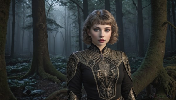 1girl,solo,looking at viewer,short hair,bangs,blue eyes,blonde hair,brown hair,long sleeves,closed mouth,upper body,outdoors,blunt bangs,armor,tree,lips,makeup,lipstick,nature,forest,realistic,fantasy,red lips,breasts,parted lips,night