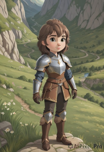 1girl,solo,looking at viewer,smile,short hair,bangs,brown hair,gloves,brown eyes,closed mouth,standing,full body,flower,boots,outdoors,belt,pants,medium hair,water,armor,lips,brown footwear,thick eyebrows,knee boots,grass,shoulder armor,gauntlets,child,nature,brown gloves,pauldrons,breastplate,rock,mountain,brown belt,armored boots,leather,greaves,brown pants,faulds,river,cliff,plate armor,blue eyes,black pants,arms at sides