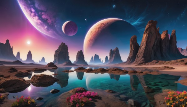 flower, outdoors, sky, water, no humans, night, moon, star (sky), scenery, starry sky, rock, mountain, sun, crescent moon, planet, landscape