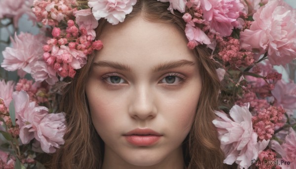 1girl, solo, long hair, looking at viewer, brown hair, closed mouth, flower, lips, portrait, close-up, pink flower, realistic, nose