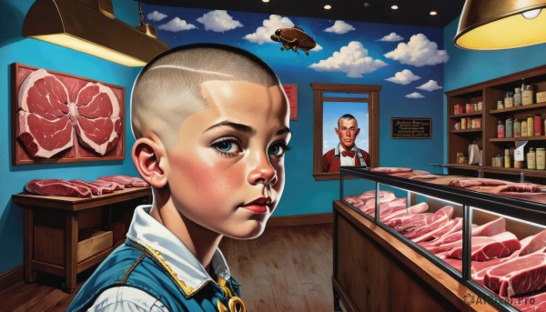 1girl,short hair,blue eyes,blonde hair,1boy,food,sky,cloud,indoors,lips,facial hair,freckles,realistic,bald,old,shelf,meat,bar (place),restaurant,steak,solo,looking at viewer,shirt,black hair,bow,jewelry,male focus,vest,brooch,portrait,nose,lamp,very short hair,shop