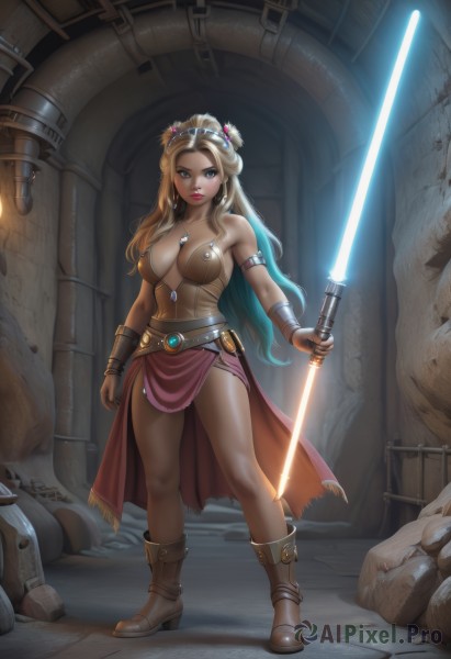 1girl,solo,long hair,breasts,looking at viewer,blue eyes,blonde hair,large breasts,brown hair,hair ornament,holding,cleavage,bare shoulders,jewelry,medium breasts,closed mouth,standing,collarbone,full body,weapon,flower,multicolored hair,earrings,boots,parted lips,solo focus,belt,sword,artist name,indoors,signature,hair flower,necklace,holding weapon,armor,high heels,bracelet,two-tone hair,lips,gradient hair,makeup,glowing,watermark,brown footwear,holding sword,tiara,lipstick,gem,breasts apart,pelvic curtain,buckle,armlet,pendant,high heel boots,science fiction,legs apart,serious,realistic,fantasy,red lips,ankle boots,bracer,energy sword,lightsaber,dress,blue hair,mole,web address,patreon username,rock