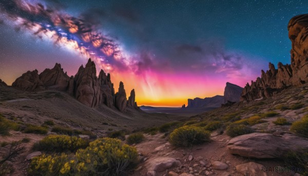 outdoors, sky, cloud, no humans, night, grass, star (sky), night sky, scenery, starry sky, sunset, rock, mountain, landscape