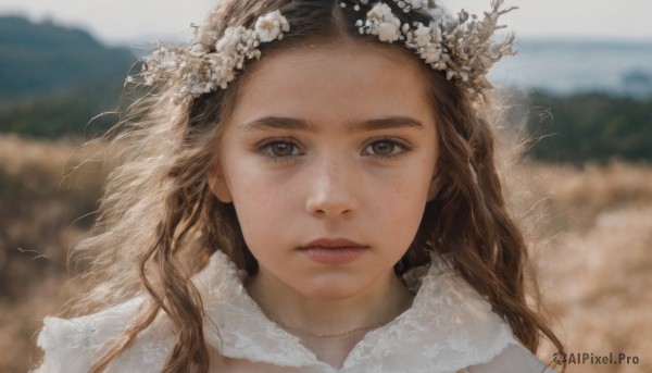 1girl,solo,long hair,looking at viewer,brown hair,hair ornament,brown eyes,closed mouth,flower,outdoors,day,hair flower,blurry,lips,depth of field,blurry background,wavy hair,portrait,freckles,realistic,nose,head wreath,parted lips,sky,expressionless,wind,veil,close-up