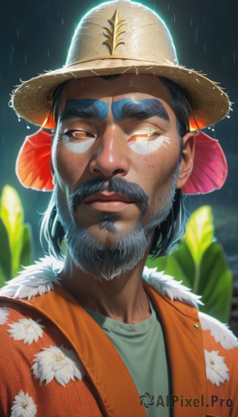 solo,looking at viewer,shirt,black hair,hair ornament,1boy,hat,brown eyes,closed mouth,jacket,upper body,flower,male focus,outdoors,dark skin,blurry,orange eyes,glowing,facial hair,floral print,dark-skinned male,thick eyebrows,portrait,beard,rain,realistic,nose,mustache,brown headwear,straw hat,white shirt,one eye closed,lips,fur trim,blurry background,scar,white flower,glowing eyes,freckles,orange jacket