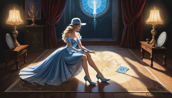 1girl,solo,long hair,breasts,blue eyes,blonde hair,gloves,hat,dress,cleavage,bare shoulders,jewelry,medium breasts,sitting,collarbone,full body,braid,shoes,indoors,off shoulder,high heels,lips,book,window,single braid,strapless,profile,makeup,blue dress,shadow,chair,table,crossed legs,curtains,bridal gauntlets,strapless dress,reflection,curly hair,blue footwear,wooden floor,realistic,card,nose,off-shoulder dress,long dress,clock,light,lamp,magic circle,carpet,reflective floor,closed eyes,detached sleeves,night,mirror,rug