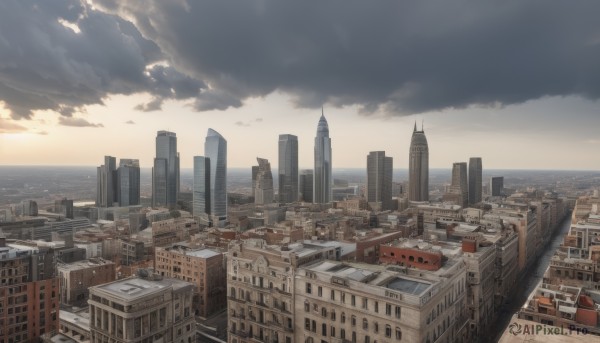 outdoors,sky,cloud,water,no humans,ocean,cloudy sky,ground vehicle,building,scenery,motor vehicle,sunset,city,horizon,car,cityscape,skyscraper,sunlight,road,skyline,real world location