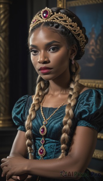 1girl,solo,long hair,looking at viewer,blonde hair,brown hair,black hair,dress,brown eyes,jewelry,closed mouth,collarbone,upper body,braid,short sleeves,multicolored hair,earrings,puffy sleeves,dark skin,necklace,nail polish,blurry,black eyes,twin braids,two-tone hair,dark-skinned female,puffy short sleeves,lips,fingernails,eyelashes,makeup,blurry background,blue dress,own hands together,tiara,crown,lipstick,gem,hair over shoulder,forehead,pink nails,pendant,eyeshadow,freckles,realistic,nose,red lips,blue gemstone,multiple braids,breasts,hair ornament,artist name,mole,gold