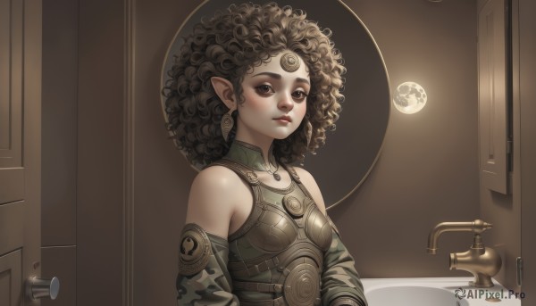 1girl,solo,breasts,looking at viewer,brown hair,black hair,bare shoulders,brown eyes,jewelry,closed mouth,upper body,earrings,small breasts,detached sleeves,pointy ears,indoors,necklace,armor,lips,makeup,facial mark,thick eyebrows,curly hair,forehead mark,nose,door,bathroom,big hair,sink,afro,short hair,black eyes,moon,crescent,forehead jewel