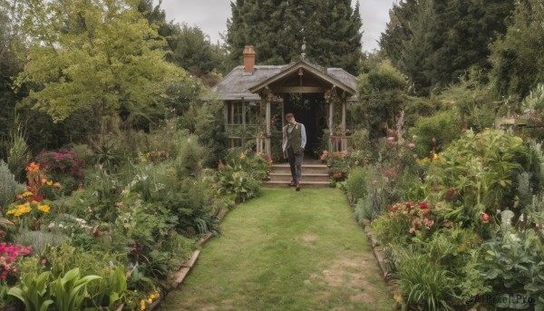 1girl,solo,looking at viewer,short hair,brown hair,shirt,black hair,long sleeves,1boy,standing,jacket,white shirt,flower,male focus,outdoors,shoes,day,pants,tree,black pants,grass,plant,building,nature,scenery,forest,stairs,bush,architecture,house,wide shot,east asian architecture,shrine,path,necktie,sky,collared shirt,cloud,vest,cloudy sky,rope,road,shimenawa,field,stone lantern