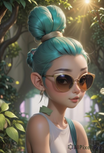 1girl,solo,looking at viewer,shirt,bare shoulders,brown eyes,jewelry,closed mouth,blue hair,collarbone,white shirt,upper body,earrings,outdoors,parted lips,green hair,glasses,sleeveless,day,artist name,hair bun,blurry,tree,lips,aqua hair,blurry background,leaf,sunlight,single hair bun,sunglasses,tank top,backlighting,nose,tinted eyewear,white tank top,smile,short hair,eyelashes,thick eyebrows,plant,portrait,nature,forehead,round eyewear,dappled sunlight