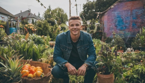 solo,looking at viewer,smile,short hair,open mouth,brown hair,shirt,long sleeves,1boy,brown eyes,jewelry,sitting,jacket,male focus,outdoors,food,open clothes,teeth,day,pants,bracelet,open jacket,tree,black shirt,fruit,feet out of frame,plant,denim,blue jacket,building,scenery,jeans,realistic,basket,potted plant,carrot,house,old,orange (fruit),tomato,vegetable,denim jacket,blue eyes,flower,sky,grin,squatting,ring,photo background