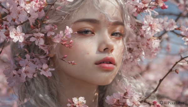 1girl, solo, long hair, looking at viewer, flower, white hair, parted lips, teeth, mole, blurry, lips, grey eyes, depth of field, blurry background, cherry blossoms, portrait, freckles, realistic, nose, branch