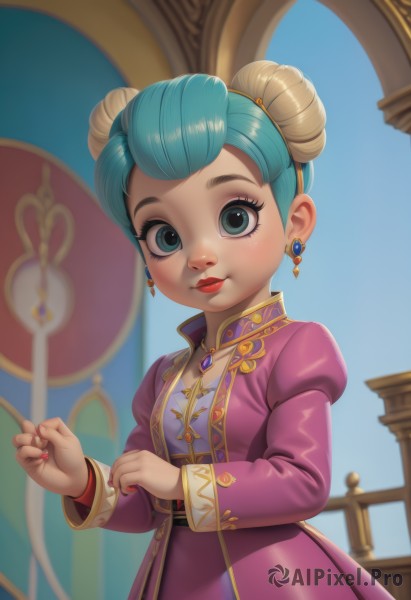 1girl,solo,breasts,looking at viewer,smile,short hair,blue eyes,long sleeves,dress,jewelry,closed mouth,green eyes,blue hair,upper body,multicolored hair,earrings,puffy sleeves,shiny,necklace,hair bun,nail polish,blurry,aqua eyes,lips,coat,fingernails,eyelashes,double bun,aqua hair,makeup,blurry background,lipstick,juliet sleeves,brooch,gem,pink dress,red nails,purple dress,freckles,gold trim,red lips,single hair bun