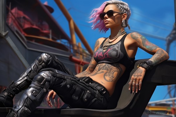 1girl,solo,breasts,short hair,navel,jewelry,medium breasts,sitting,closed mouth,pink hair,purple hair,multicolored hair,earrings,small breasts,boots,outdoors,sky,day,midriff,belt,pants,dark skin,necklace,nail polish,bra,blurry,bracelet,two-tone hair,dark-skinned female,blue sky,lips,crop top,fingernails,tattoo,gradient hair,makeup,depth of field,blurry background,black pants,piercing,sunglasses,ring,tank top,black nails,sports bra,realistic,nose,arm tattoo,leather,shoulder tattoo,undercut,multiple rings,thumb ring,underwear,grey hair,black footwear,chair,crossed legs,wristband,ear piercing,dog tags,mohawk,graffiti,black sports bra,leather pants