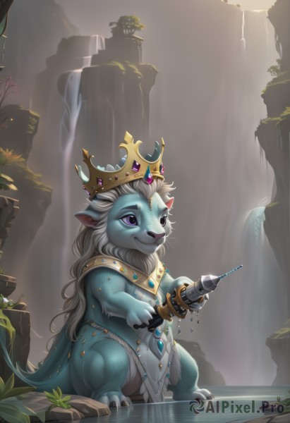 1girl,solo,long hair,smile,holding,animal ears,jewelry,sitting,closed mouth,purple eyes,tail,weapon,white hair,outdoors,water,wet,no humans,glowing,crown,gem,pelvic curtain,furry,wading,furry female,loincloth,waterfall,snout,full body,grey hair,artist name,necklace,cape,crystal,syringe