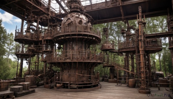 outdoors,sky,day,cloud,indoors,tree,blue sky,no humans,window,chair,table,sunlight,plant,nature,scenery,science fiction,wooden floor,railing,bench,cable,ruins,gears,steampunk,crate,cloudy sky,building,stairs,potted plant,bridge,industrial pipe