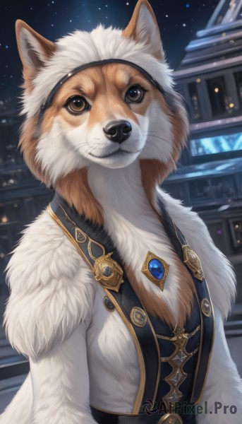 solo,brown eyes,jewelry,upper body,outdoors,sky,belt,vest,no humans,night,animal,brooch,building,gem,star (sky),night sky,starry sky,dog,animal focus,blue gemstone,fluffy,looking at viewer,closed mouth,coat,fur trim,white fur,clothed animal,shiba inu