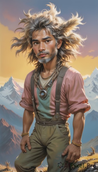 solo,looking at viewer,brown hair,shirt,hair ornament,1boy,brown eyes,jewelry,standing,grey hair,male focus,outdoors,sky,pants,signature,dark skin,necklace,bracelet,lips,floating hair,facial hair,suspenders,grass,feathers,wind,beard,sleeves rolled up,mountain,realistic,nose,mustache,bangle,overalls,old,old man,mountainous horizon,sunset,manly