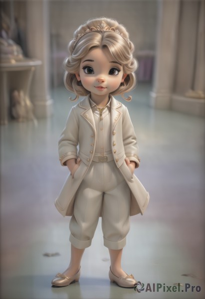 1girl,solo,looking at viewer,smile,blonde hair,shirt,brown eyes,jewelry,closed mouth,standing,jacket,full body,white shirt,earrings,open clothes,shoes,pants,necklace,blurry,black eyes,lips,coat,buttons,blurry background,white footwear,tiara,child,curly hair,open coat,white pants,hands in pockets,white coat,female child,no socks,long hair,short hair,brown hair,belt