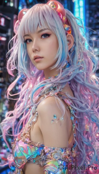 1girl,solo,long hair,breasts,looking at viewer,bangs,blue eyes,animal ears,bare shoulders,jewelry,blue hair,upper body,pink hair,white hair,multicolored hair,hairband,earrings,small breasts,parted lips,necklace,bra,blurry,from side,two-tone hair,lips,gradient hair,blurry background,fake animal ears,wavy hair,gem,realistic,red hairband,hair ornament,medium breasts,makeup