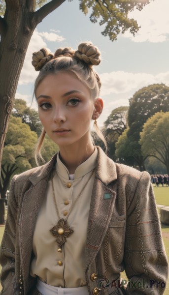 1girl,solo,looking at viewer,smile,skirt,blonde hair,brown hair,shirt,long sleeves,twintails,brown eyes,jewelry,closed mouth,jacket,white shirt,upper body,earrings,outdoors,parted lips,open clothes,sky,day,collared shirt,cloud,necklace,hair bun,open jacket,tree,lips,grey eyes,double bun,buttons,forehead,pocket,brown jacket,realistic,nose,hands in pockets,black hair,grey hair,multicolored hair,pants,artist name,two-tone hair,single hair bun,denim