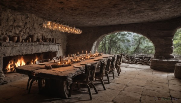 indoors,tree,no humans,chair,table,bottle,fire,scenery,wooden floor,candle,stool,candlestand,chandelier,wooden table,fireplace,fantasy,ruins,torch,wood