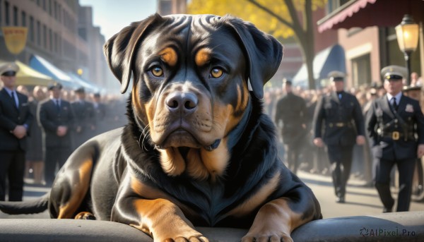 HQ,shirt,long sleeves,hat,standing,jacket,outdoors,multiple boys,necktie,day,belt,pants,blurry,uniform,tree,black jacket,blurry background,animal,black pants,formal,suit,blue shirt,ground vehicle,building,motor vehicle,faceless,walking,6+boys,dog,blue necktie,city,realistic,car,road,animal focus,police,lamppost,street,police uniform,policewoman,police hat,oversized animal,people,looking at viewer,holding,yellow eyes,solo focus,no humans,depth of field,faceless male,multiple others,crowd,walkie-talkie