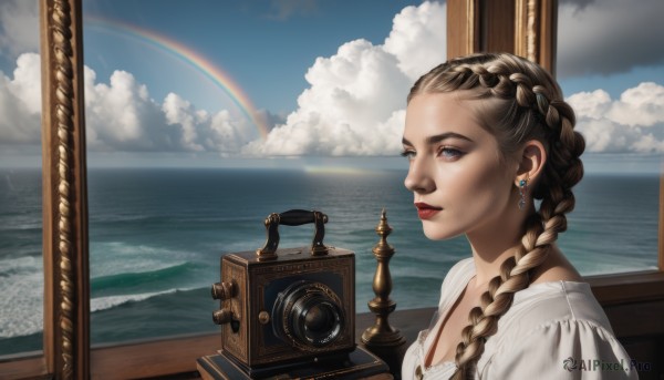 1girl,solo,long hair,looking at viewer,blue eyes,brown hair,shirt,dress,holding,jewelry,white shirt,upper body,braid,earrings,parted lips,sky,day,cloud,indoors,water,twin braids,from side,blue sky,lips,window,makeup,ocean,cloudy sky,lipstick,hair over shoulder,reflection,realistic,nose,camera,horizon,red lips,rainbow,waves,holding camera,breasts,cleavage,medium breasts,outdoors,white dress,sunlight,photo (object),picture frame,painting (object),portrait (object)