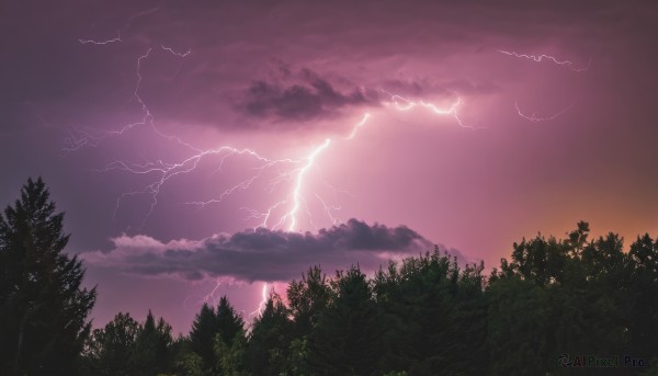 outdoors,sky,cloud,tree,no humans,cloudy sky,nature,scenery,forest,sunset,mountain,electricity,lightning,landscape,red sky,purple sky